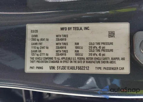 2020 Tesla Model 3 Standard Range Plus Rear-Wheel Drive/Standard Range Rear-Wheel Drive z USA, uszkodzony, nr VIN 5YJ3E1EA8LF662212